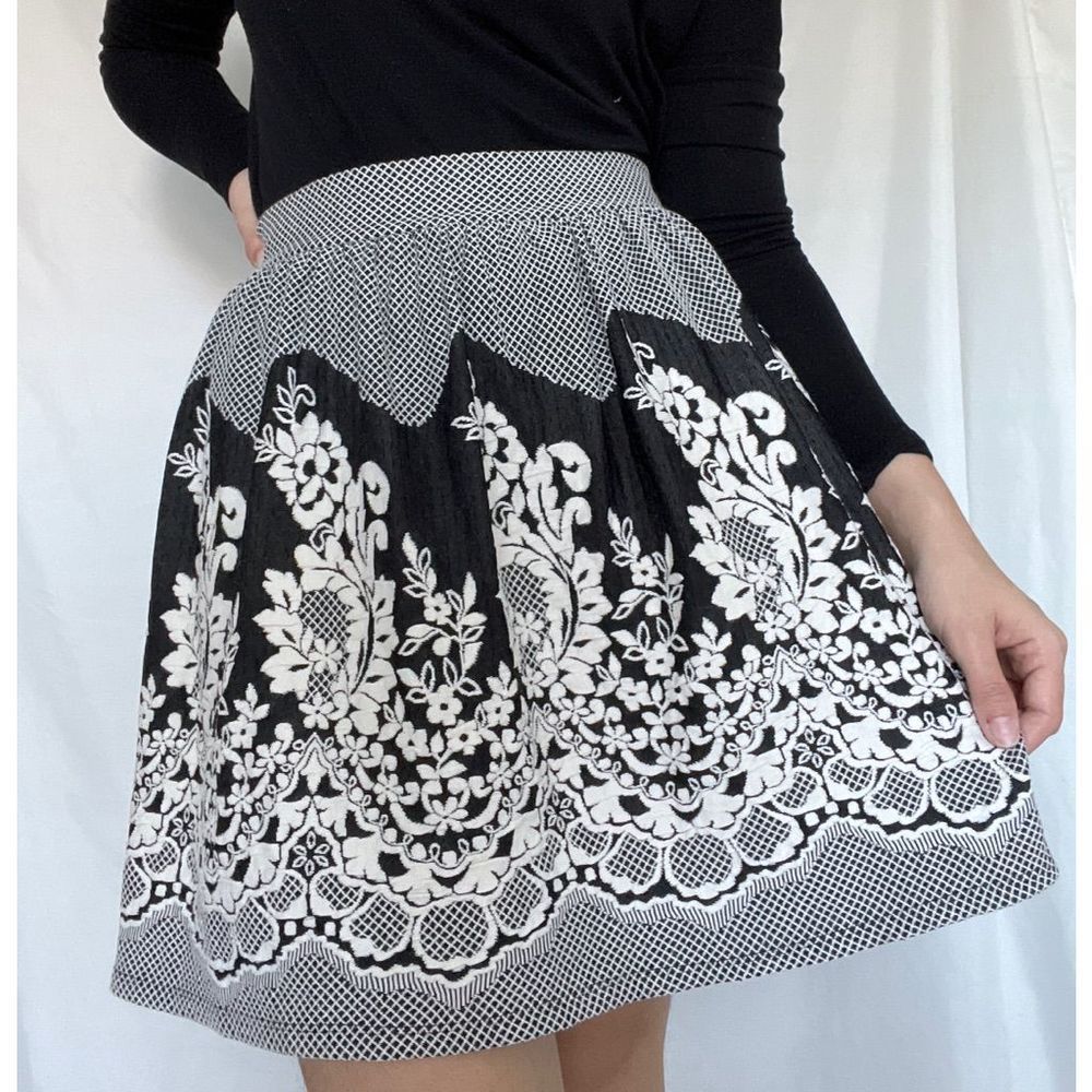 Francesca’s Floral Embroidered Black and White Circle Skirt